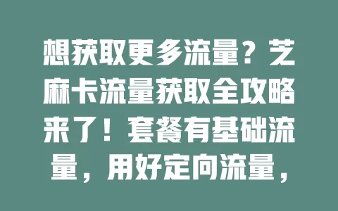 想获取更多流量？芝麻卡流量获取全攻略来了！套餐有基础流量，用好定向流量，参加活动得额外流量，关注官方动态，掌握方法就能在网络世界畅游无阻
