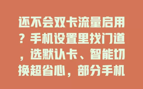 还不会双卡流量启用？手机设置里找门道，选默认卡、智能切换超省心，部分手机双待双通，快研究让双卡功能最大化