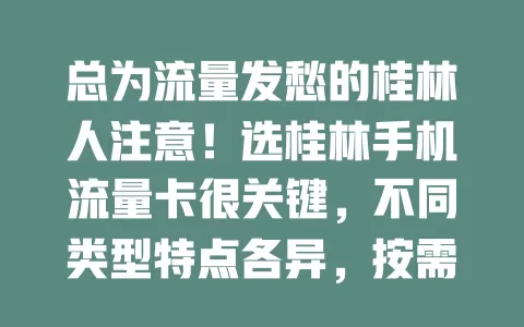 总为流量发愁的桂林人注意！选桂林手机流量卡很关键，不同类型特点各异，按需挑，考虑使用习惯、费用等，挑到适合的让上网更轻松愉快