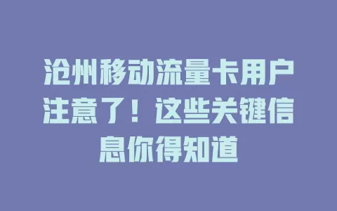 沧州移动流量卡用户注意了！这些关键信息你得知道