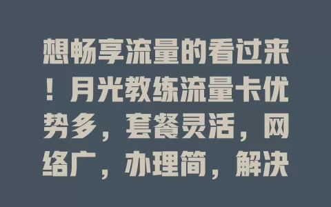 想畅享流量的看过来！月光教练流量卡优势多，套餐灵活，网络广，办理简，解决流量困扰
