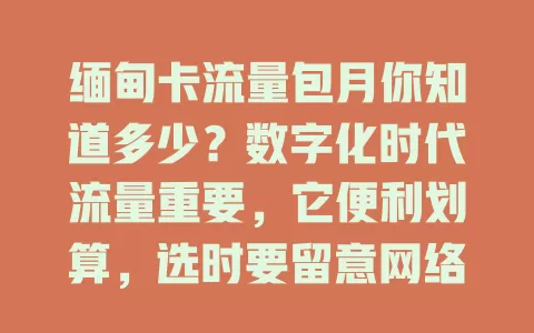 缅甸卡流量包月你知道多少？数字化时代流量重要，它便利划算，选时要留意网络、流量范围等，不同运营商套餐有别，综合多因素挑适合套餐畅享体验