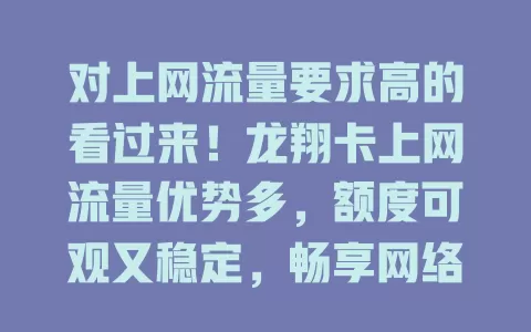 对上网流量要求高的看过来！龙翔卡上网流量优势多，额度可观又稳定，畅享网络无压力！