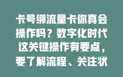 卡号绑流量卡你真会操作吗？数字化时代这关键操作有要点，要了解流程、关注状态、重视安全，掌握方法才能让流量卡提供稳定网络