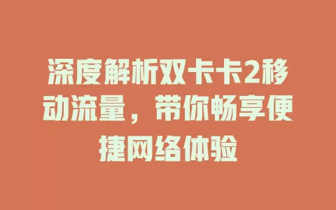 深度解析双卡卡2移动流量，带你畅享便捷网络体验