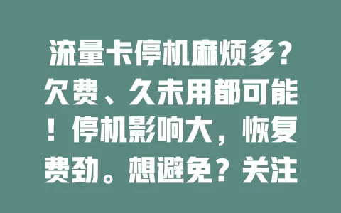 流量卡停机麻烦多？欠费、久未用都可能！停机影响大，恢复费劲。想避免？关注费用及时缴，不常用卡偶尔用，了解停机情况，畅享网络便利