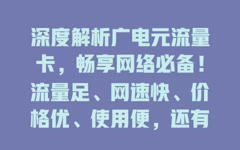 深度解析广电元流量卡，畅享网络必备！流量足、网速快、价格优、使用便，还有注意事项。想找优质流量卡？广电元流量卡满足你需求，带你畅游数字世界