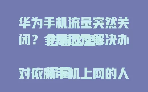 华为手机流量突然关闭？多原因及解决办法看这里！

流量对依赖手机上网的人至关重要，华为手机却常现流量关闭。原因多样，有系统设置误改、软件网络兼容问题、硬件故障等。遇到可查设置、更新软件、重启手机，不行就送修，让流量恢复正常。