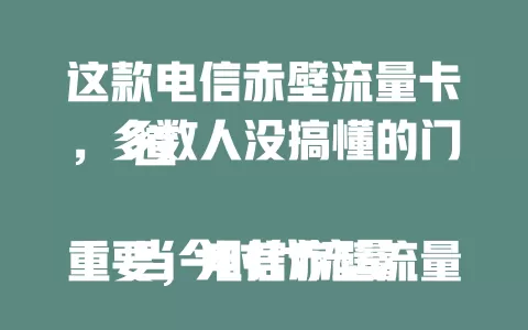 这款电信赤壁流量卡，多数人没搞懂的门道

当今时代流量重要，电信赤壁流量卡受关注。它优势独特，能满足多样上网需求，网络覆盖广。但很多人用它有误区，想用好得研读套餐、关注活动、留意流量，发挥其最大价值。