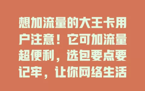 想加流量的大王卡用户注意！它可加流量超便利，选包要点要记牢，让你网络生活更精彩