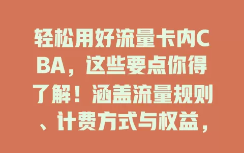 轻松用好流量卡内CBA,这些要点你得了解!涵盖流量规则、计费方式与权益,助你按需选卡,避麻烦省费用,畅享便捷通信
