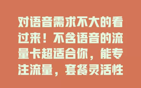 对语音需求不大的看过来！不含语音的流量卡超适合你，能专注流量，套餐灵活性价比高，文字沟通用户用它超赞