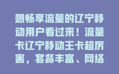 想畅享流量的辽宁移动用户看过来！流量卡辽宁移动王卡超厉害，套餐丰富、网络广稳、性价比高且办理简便，是您畅享流量的优质之选