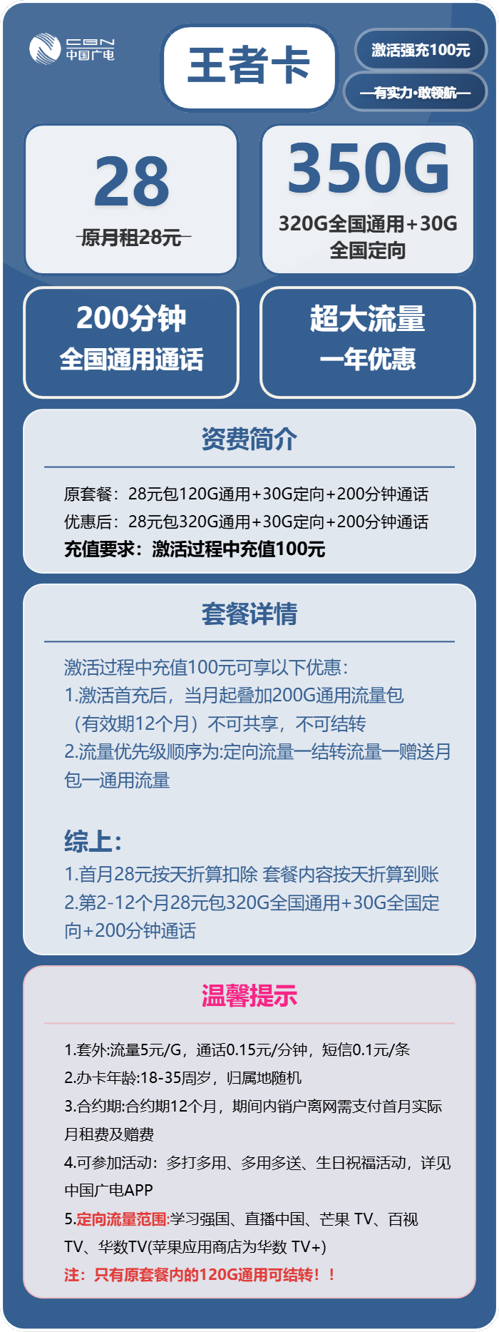 广电王者卡28元月包320G通用流量+30G定向流量+200分钟通话