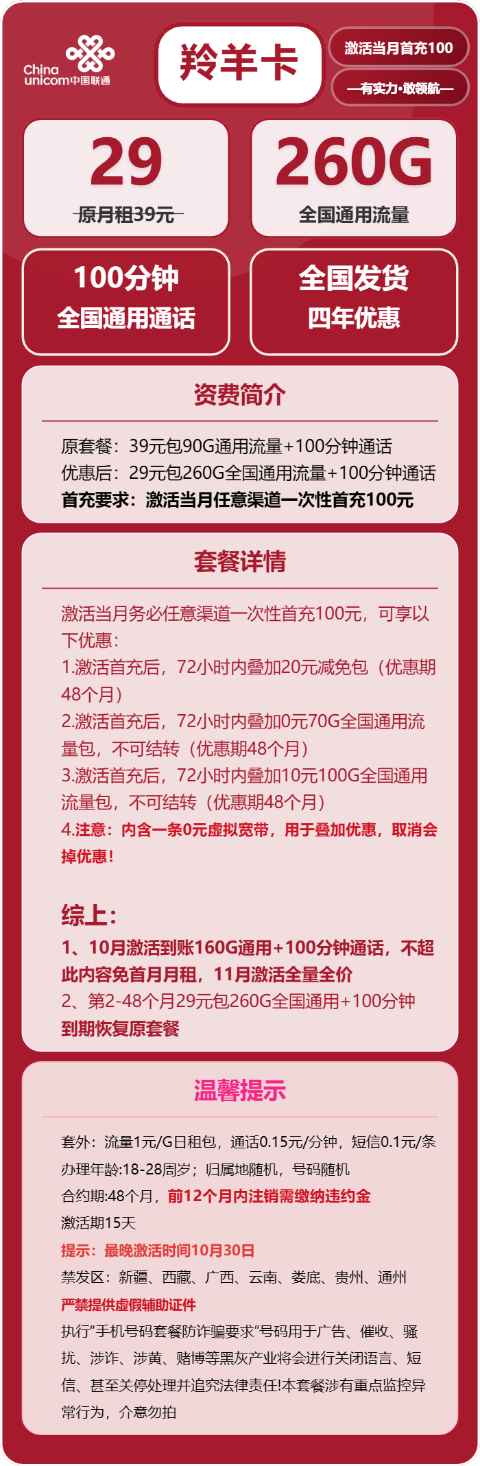 联通羚羊卡29元月包260G通用流量+100分钟通话（4年套餐，需提供学生证）