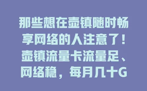 那些想在壶镇随时畅享网络的人注意了！壶镇流量卡流量足、网络稳，每月几十GB，满足多样需求，当地居民、上班族、游客都适用，偏远地区也不断网！