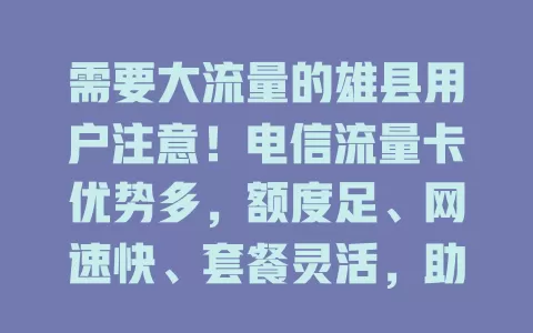 需要大流量的雄县用户注意！电信流量卡优势多，额度足、网速快、套餐灵活，助你畅享网络精彩