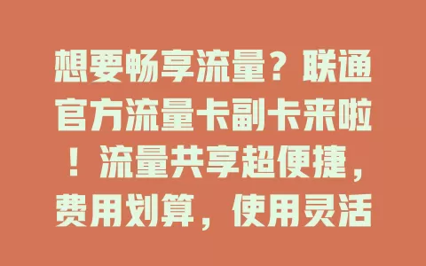 想要畅享流量？联通官方流量卡副卡来啦！流量共享超便捷，费用划算，使用灵活，满足多样需求，是流量卡优选！