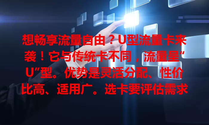 想畅享流量自由？U型流量卡来袭！它与传统卡不同，流量呈“U”型。优势是灵活分配、性价比高、适用广。选卡要评估需求、考量覆盖、比较费用，助你挑到合适的，畅享优质网络生活