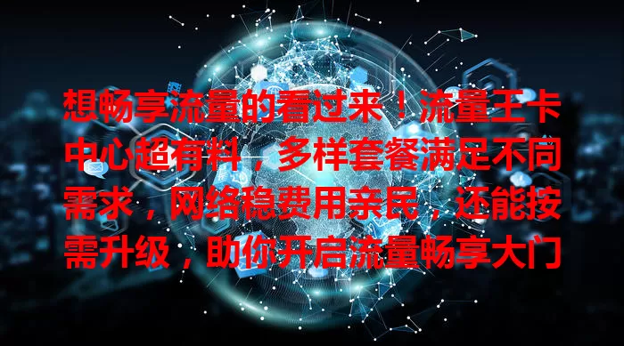 想畅享流量的看过来！流量王卡中心超有料，多样套餐满足不同需求，网络稳费用亲民，还能按需升级，助你开启流量畅享大门