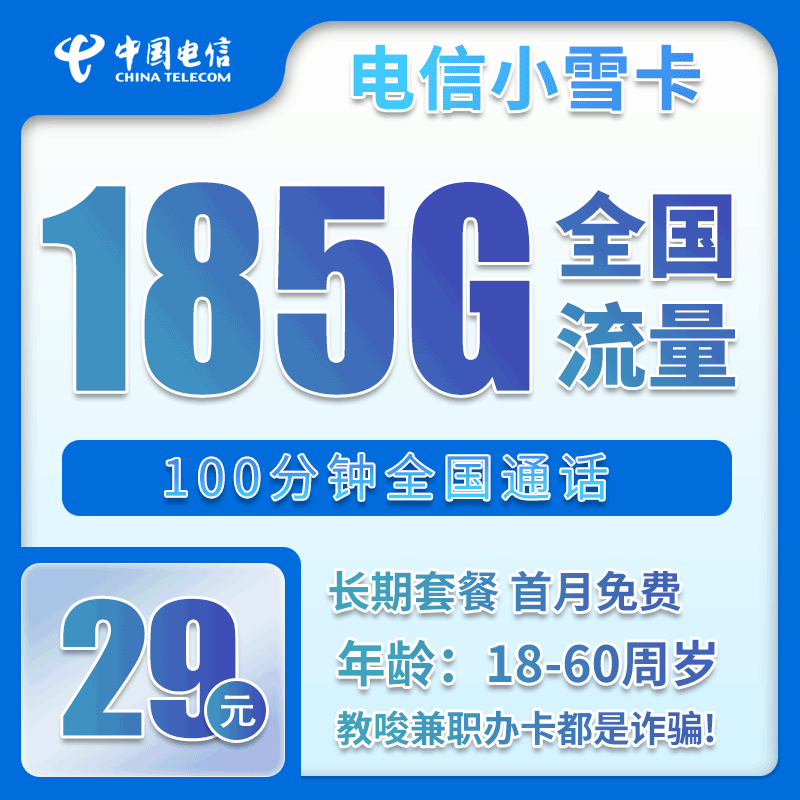 电信小雪卡29元月包155G通用流量+30G定向流量+100分钟通话（长期套餐，部分流量30天后叠加）