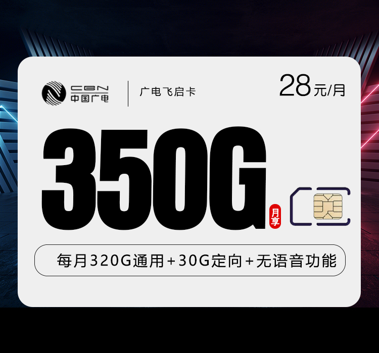 广电飞启卡28元月包320G通用流量+30G定向流量+无语音功能（长期套餐）
