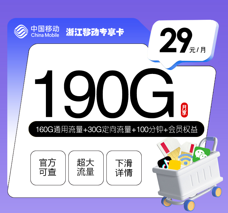 移动浙江专享卡29元月包160G通用流量+30G定向流量+100分钟通话+视频会员（3年套餐，送3年视频会员，仅发浙江省内）