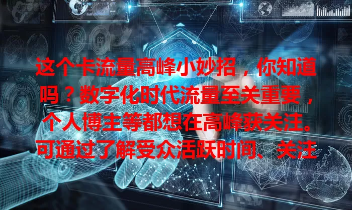 这个卡流量高峰小妙招，你知道吗？数字化时代流量至关重要，个人博主等都想在高峰获关注。可通过了解受众活跃时间、关注热门话题、用流量预测工具及与大V合作等方法，轻松卡流量高峰！