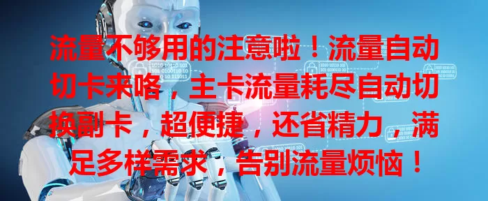 流量不够用的注意啦!流量自动切卡来咯,主卡流量耗尽自动切换副卡,超便捷,还省精力,满足多样需求,告别流量烦恼!