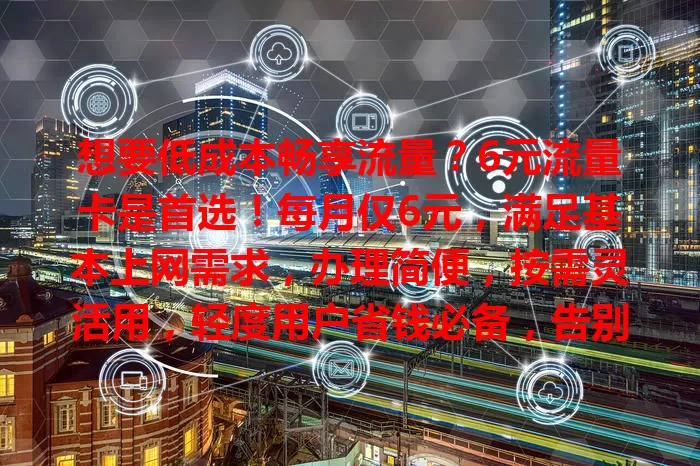 想要低成本畅享流量?6元流量卡是首选!每月仅6元,满足基本上网需求,办理简便,按需灵活用,轻度用户省钱必备,告别高额流量费!