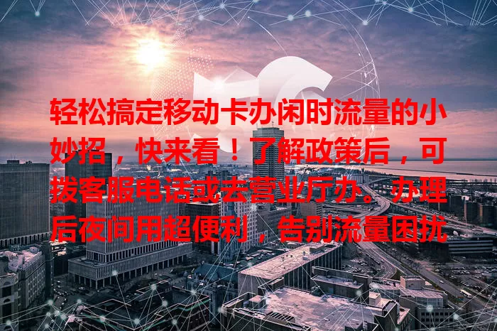 轻松搞定移动卡办闲时流量的小妙招，快来看！了解政策后，可拨客服电话或去营业厅办。办理后夜间用超便利，告别流量困扰，从容享受数字化生活。