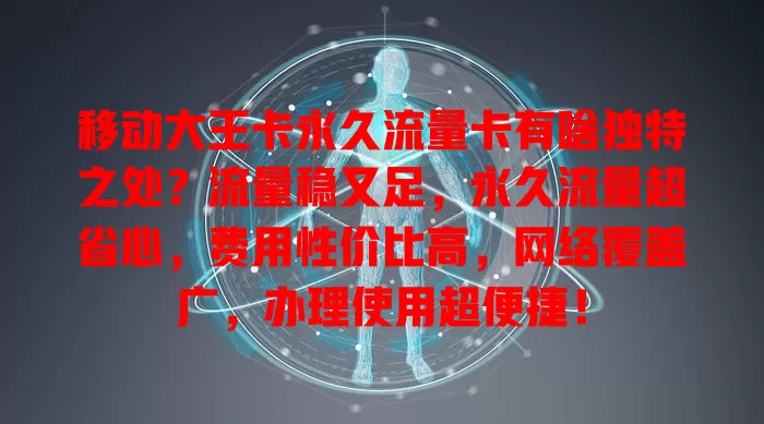 移动大王卡永久流量卡有啥独特之处？流量稳又足，永久流量超省心，费用性价比高，网络覆盖广，办理使用超便捷！