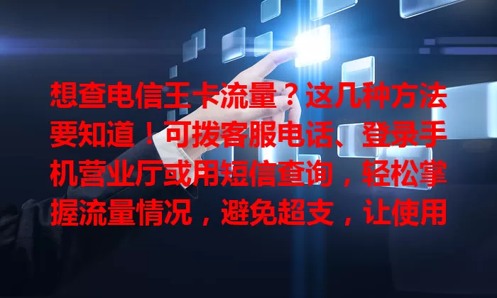 想查电信王卡流量？这几种方法要知道！可拨客服电话、登录手机营业厅或用短信查询，轻松掌握流量情况，避免超支，让使用更得心应手！