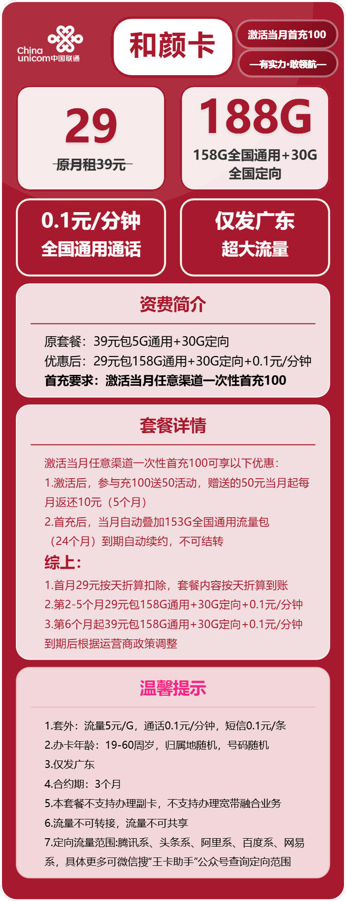 联通和颜卡29元月包158G通用流量+30G定向流量+通话0.1元/分钟（第7个月起39元月租，长期套餐，仅发广东省内）