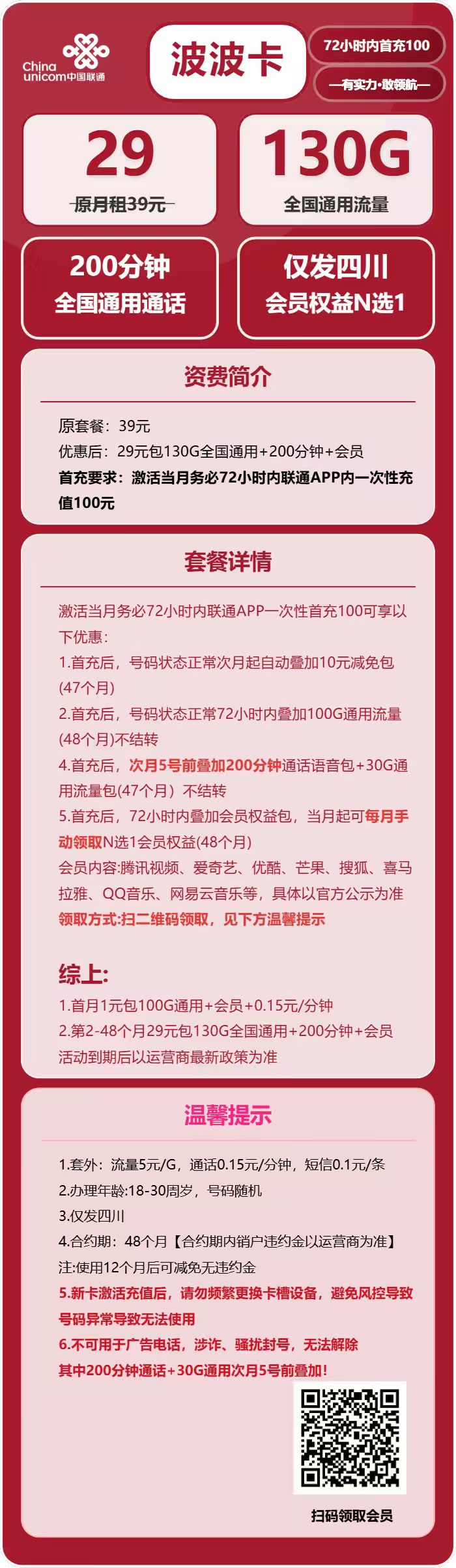 联通波波卡29元月包130G通用流量+200分钟通话+会员(4年套餐,送4年视频会员,仅发四川省内)