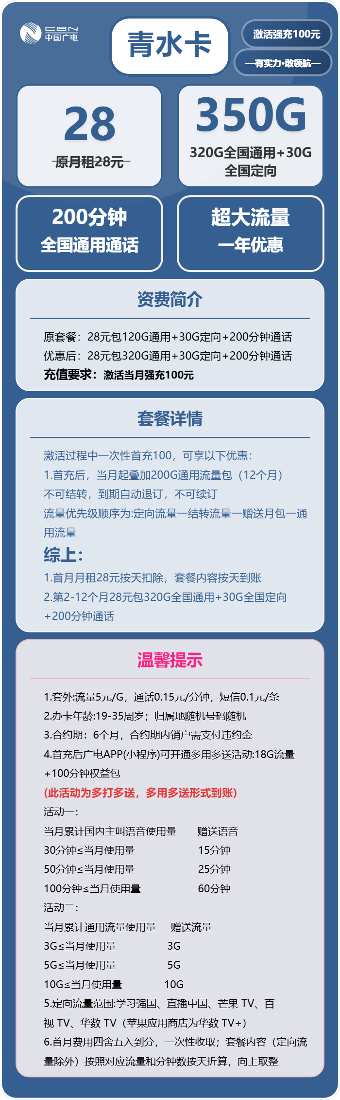 广电清水卡28元月包320G通用流量+30G定向流量+200分钟通话