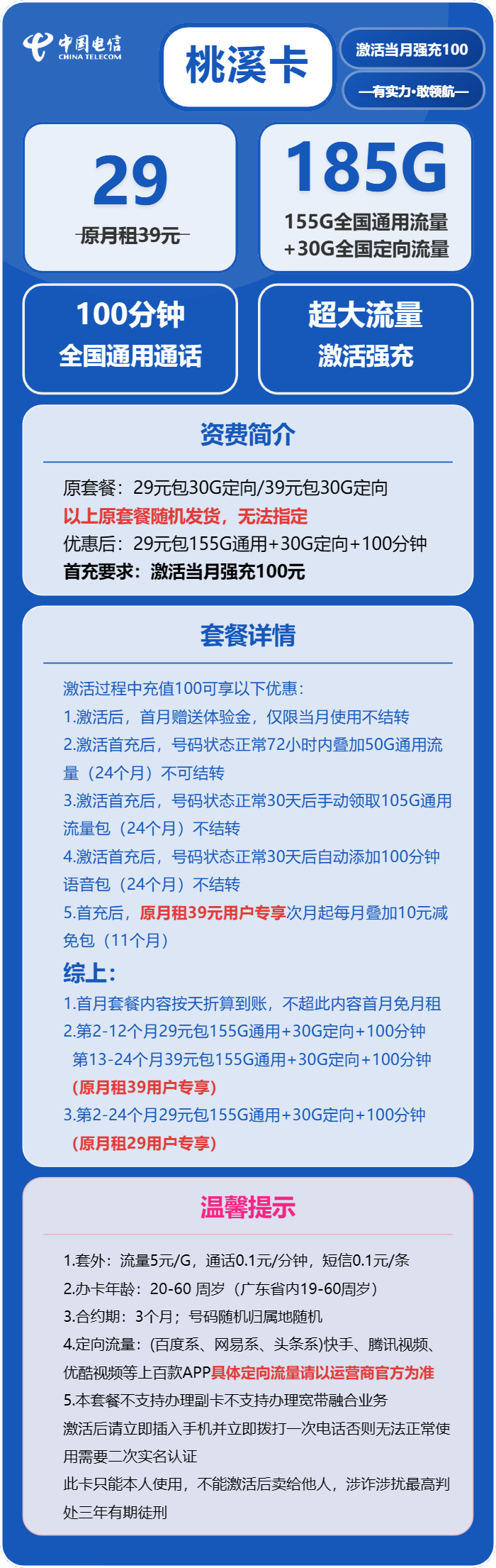 电信桃溪卡29元月包155G通用流量+30G定向流量+100分钟通话(2年套餐)