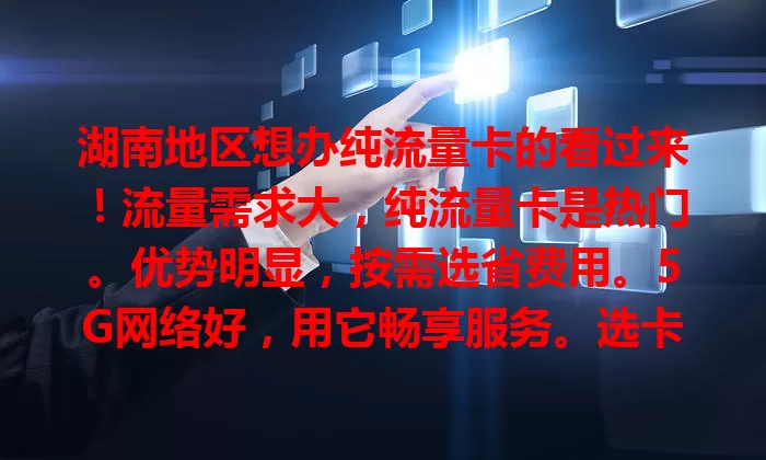 湖南地区想办纯流量卡的看过来！流量需求大，纯流量卡是热门。优势明显，按需选省费用。5G网络好，用它畅享服务。选卡要注意额度、规则和售后，权衡好挑适合的，让网络生活更顺畅