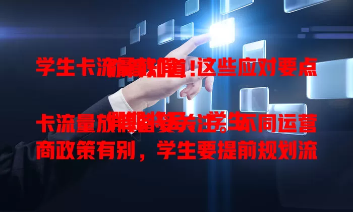 学生卡流量放假，这些应对要点你得知道！

假期将至，学生卡流量放假备受关注。不同运营商政策有别，学生要提前规划流量，合理使用，关注剩余情况，做好这些，假期就能畅快享网络乐趣。