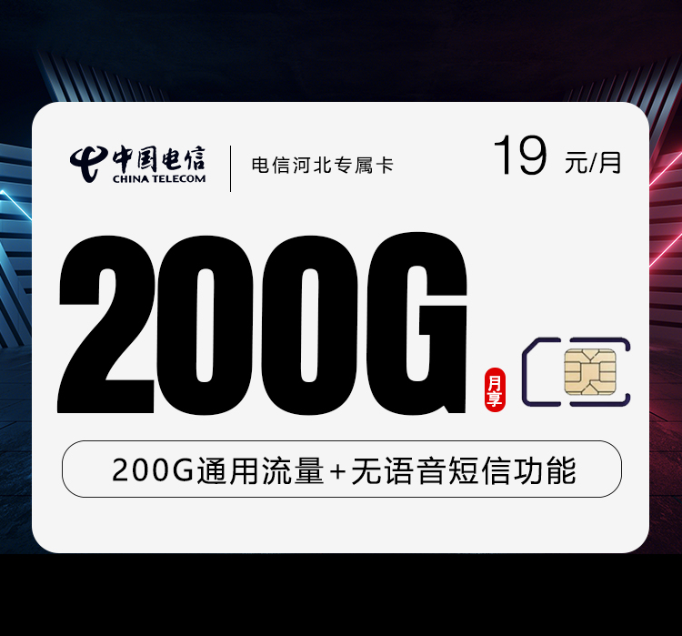 电信河北专属卡19元月包200G通用流量+无语言功能（长期套餐，仅发河北省内）