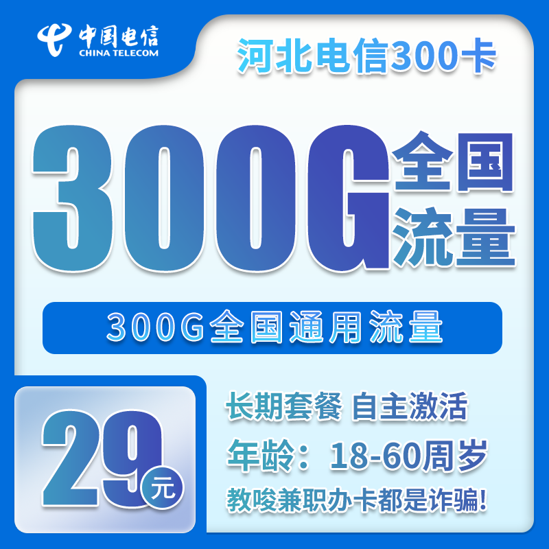 电信河北省内300卡①29元月包300G通用流量+无语言功能（长期套餐，仅发河北省内）