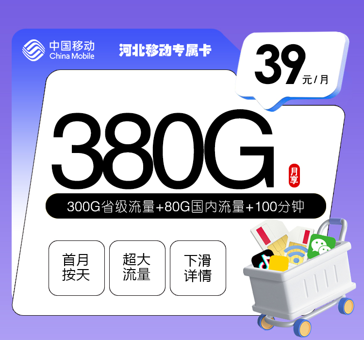 移动河北专属卡39元月包380G通用流量+100分钟通话（3年套餐，仅发河北省内）