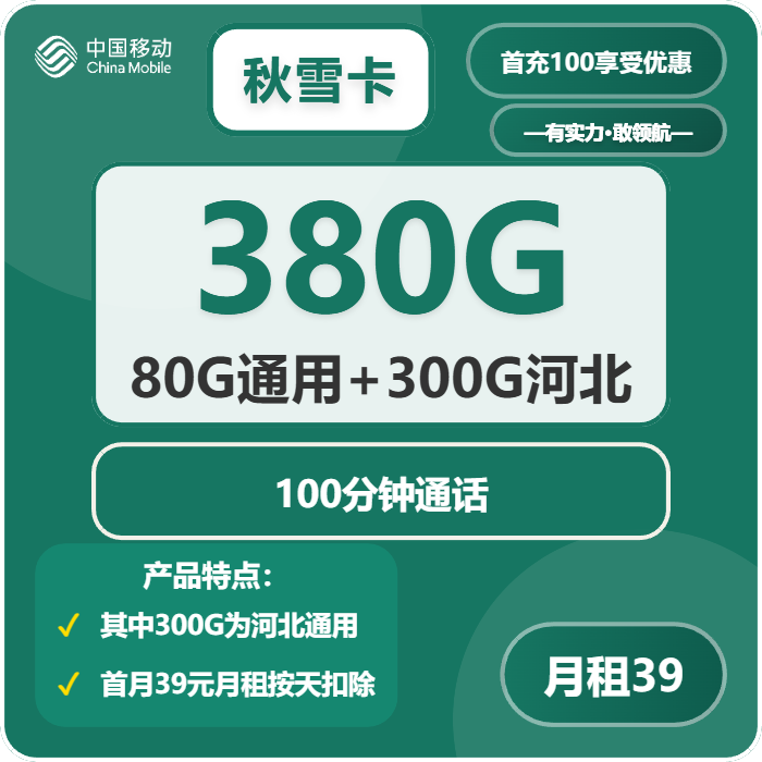 移动秋雪卡39元月包80G通用流量+300G河北通用流量+100分钟通话（3年套餐，仅发河北省内）