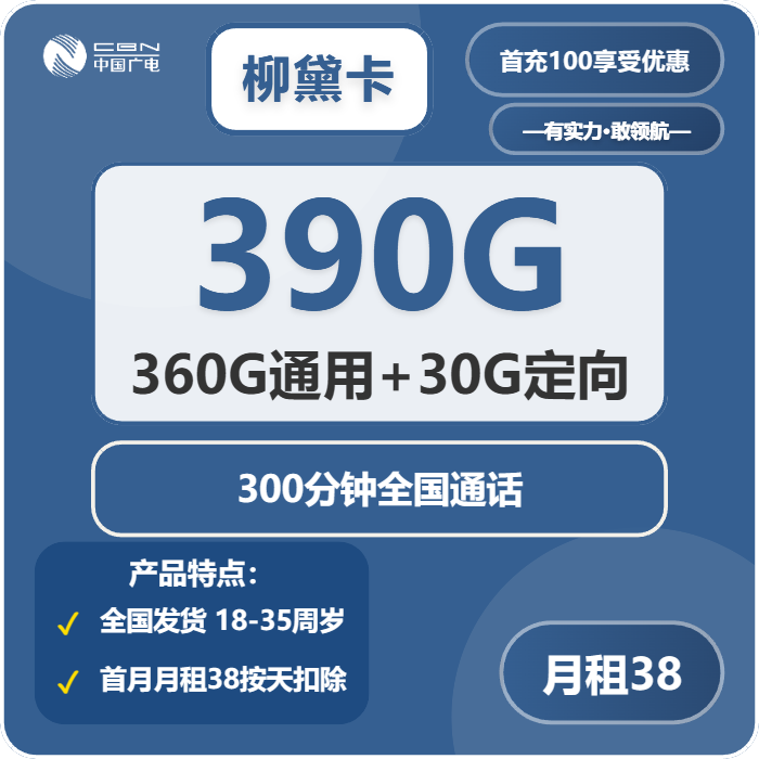 广电柳黛卡38元月包360G通用流量+30G定向流量+300分钟通话（长期套餐）