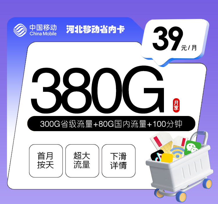 移动河北省内卡39元月包80G通用流量+300G河北通用流量+100分钟通话（3年套餐，仅发河北省内）