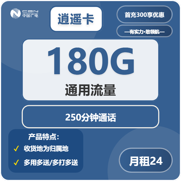 广电逍遥卡24元月包180G通用流量+250分钟通话（长期套餐，收货地为归属地，流量可结转，可选号）