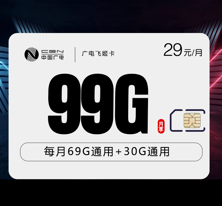 广电飞姬卡29元月包99G通用流量+通话0.15元/分钟（长期套餐，收货地为归属地，流量可结转）