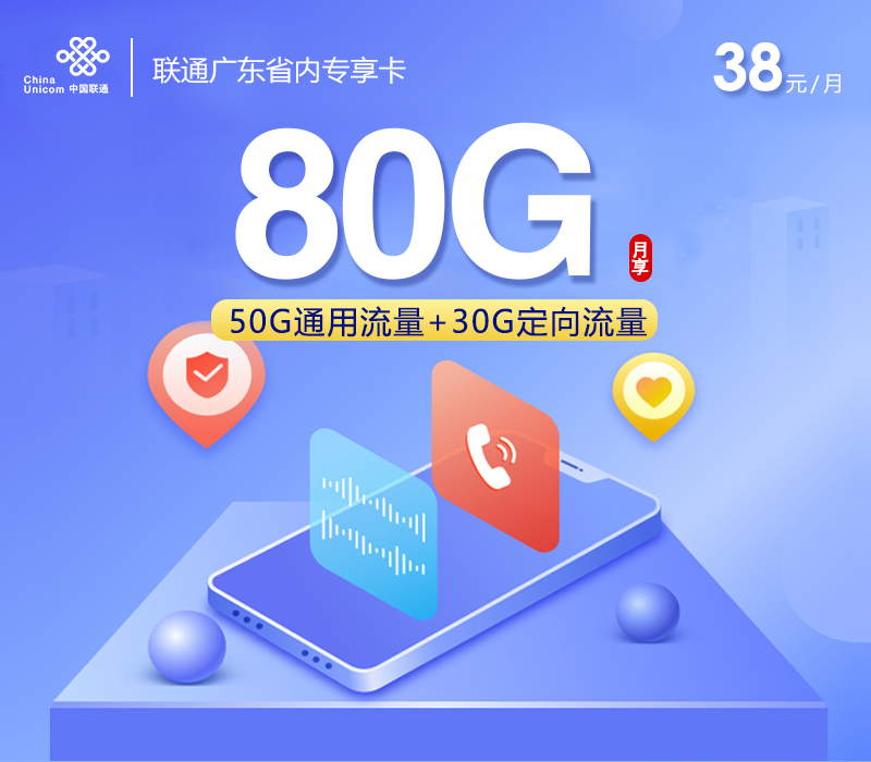 联通广东省内专享卡③38元月包50G通用流量+30G定向流量+通话0.15元/分钟（长期套餐，次月升级260G，仅发广东省内）