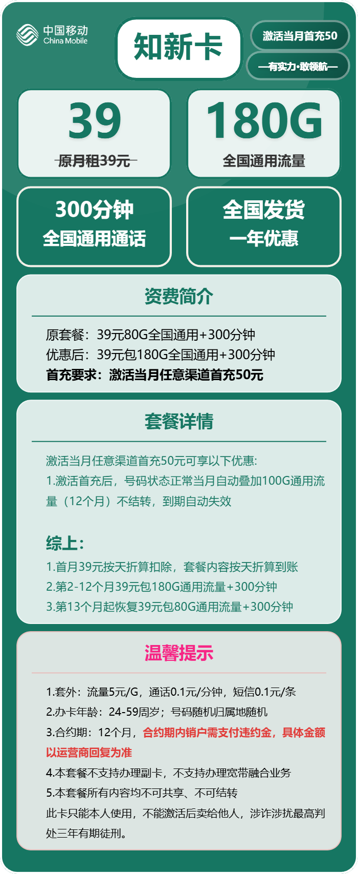 移动知新卡39元月包180G通用流量+300分钟通话