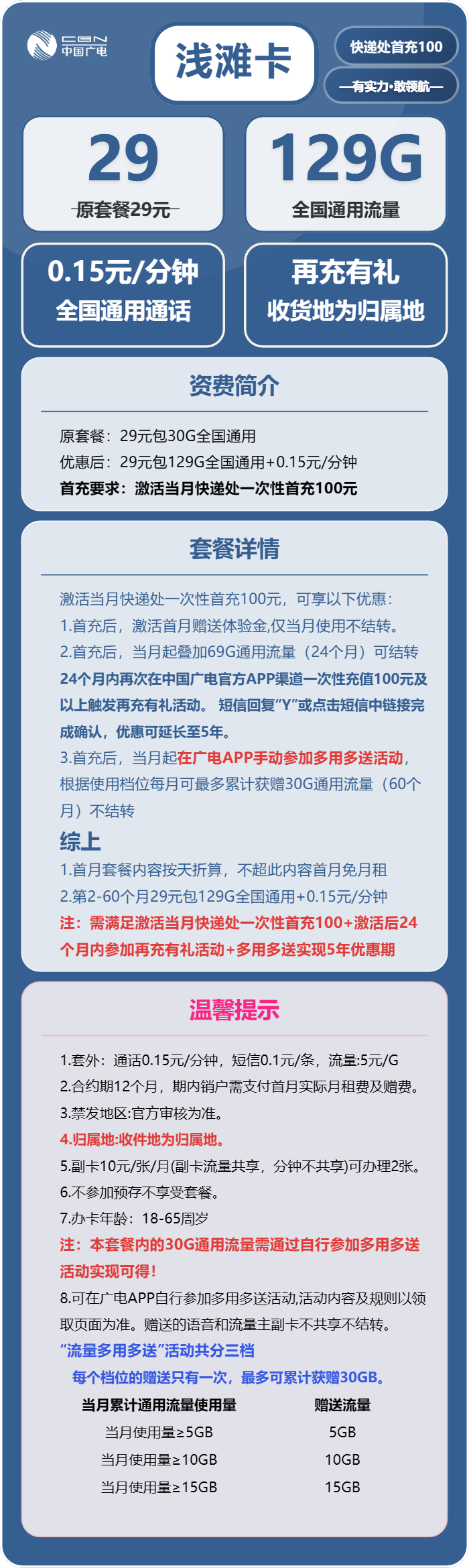 广电浅滩卡29元月包129G通用流量+通话0.15元/分钟(长期套餐,收货地为归属地)